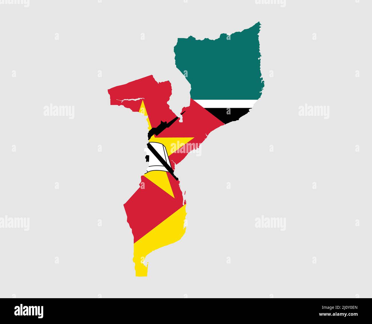 Mappa della bandiera del Mozambico. Mappa della Repubblica del Mozambico con la bandiera del paese mozambicano. Illustrazione vettoriale. Illustrazione Vettoriale