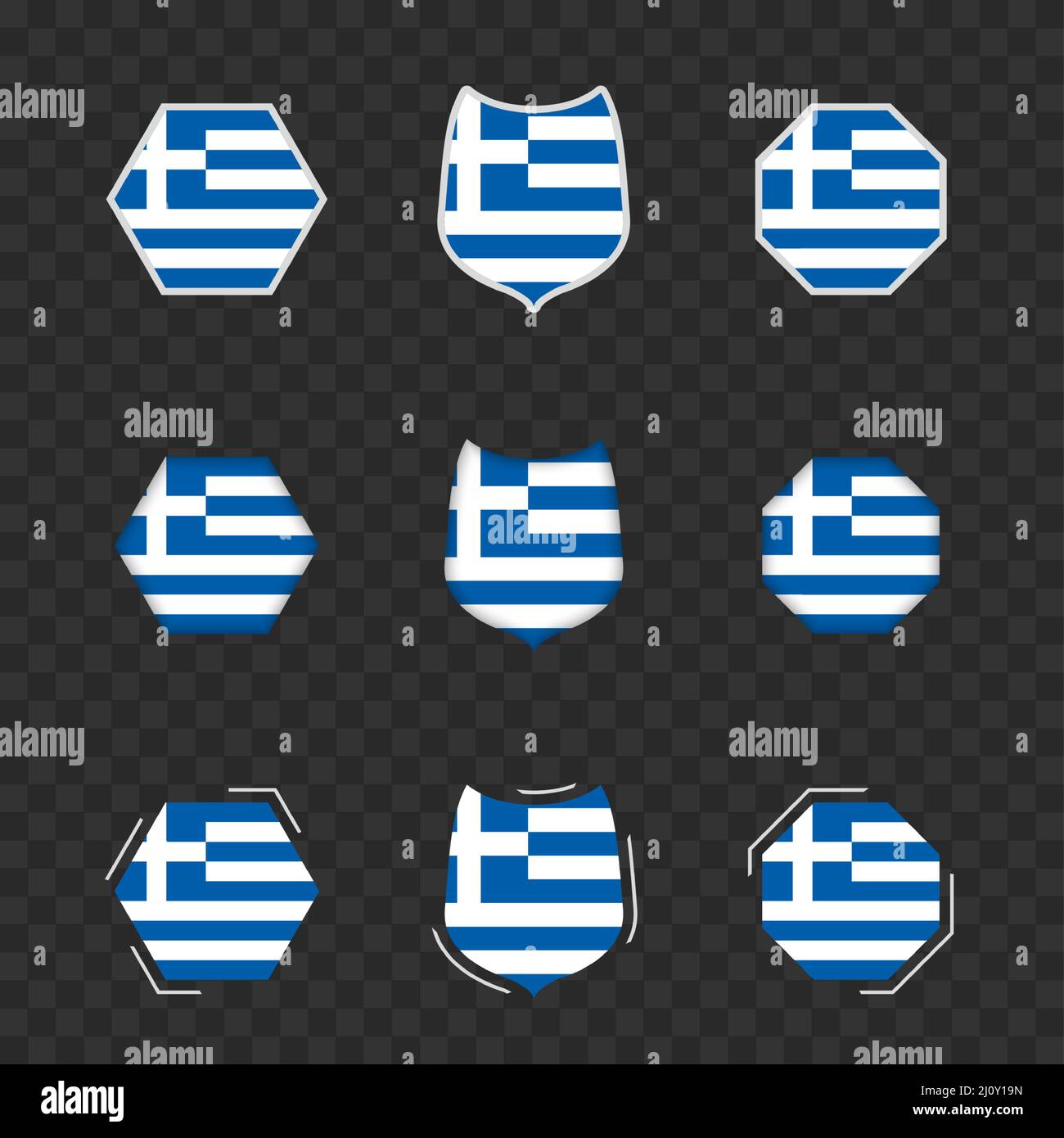 Simboli nazionali della Grecia su sfondo trasparente scuro, bandiere vettoriali della Grecia. Illustrazione vettoriale. Illustrazione Vettoriale