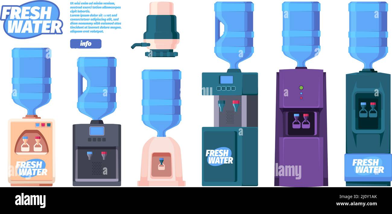 Refrigeratori ad acqua. Serbatoi con acqua potabile fredda e calda sistemi fissi per gli impiegati Garish vettoriale illustrazioni piatte colorate Illustrazione Vettoriale