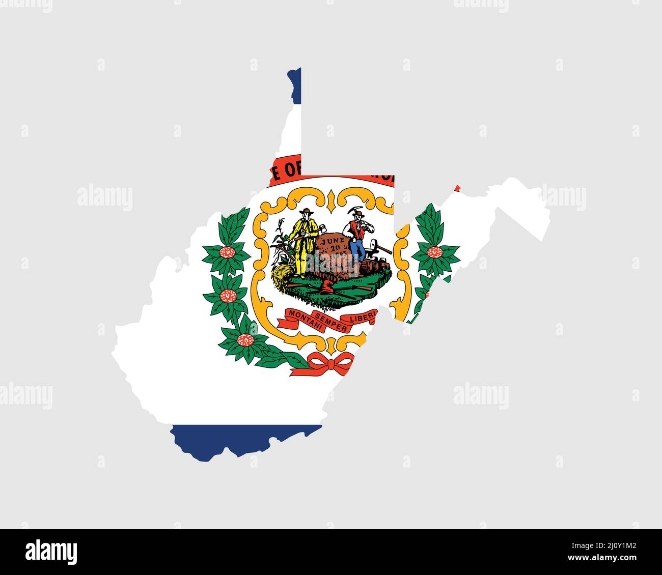 Bandiera della mappa del West Virginia. Mappa di WV, Stati Uniti d'America con la bandiera di stato. Stati Uniti, America, America, Stati Uniti d'America, Stati Uniti Banner. Illust vettoriale Illustrazione Vettoriale