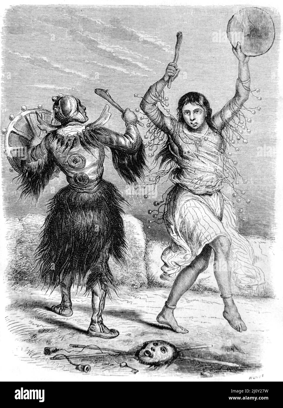 Dancing Yakut Shaman o Sorcerer (ora nella Repubblica di Sakla, Russia) Vintage Illustration or Engraving 1860. Foto Stock