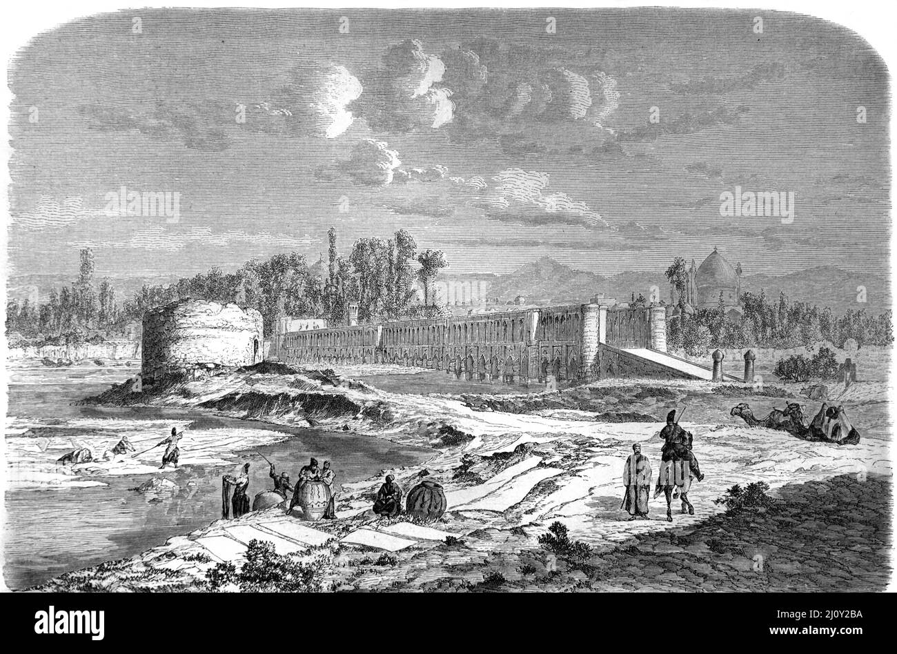 Allahverdi Khan Bridge, noto anche come si-o-se-pol Bridge (1599-1602) sul fiume Zayanderud, Isfahan Iran. Illustrazione o incisione vintage 1860. Foto Stock