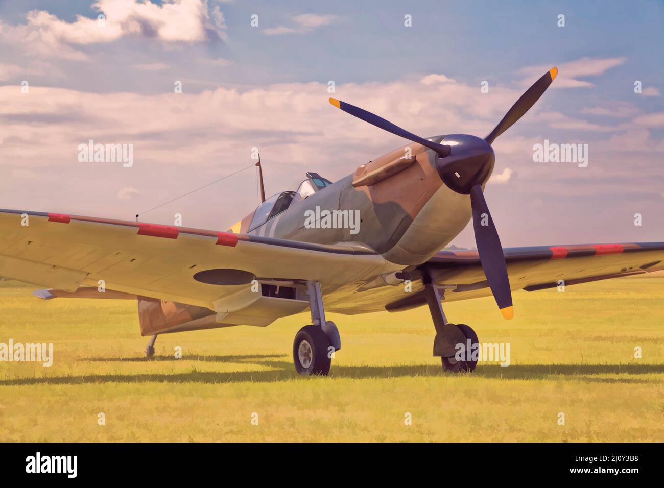 Fuoco di spitfire supermarino parcheggiato sul campo aereo di Duxford. Foto Stock
