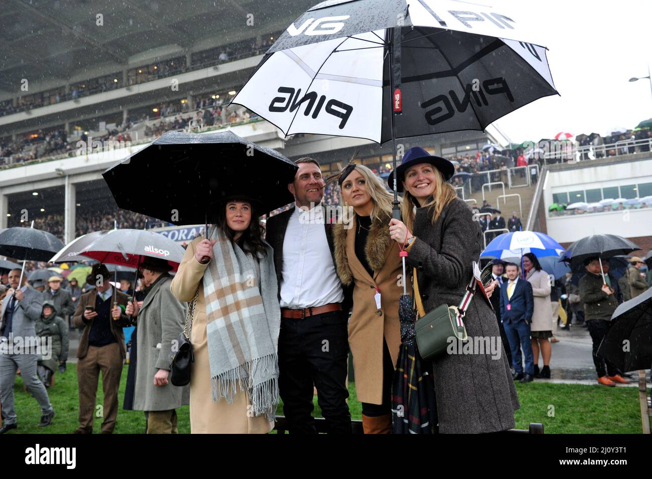 La folla guarda il primo giorno di gara 2, corse al Cheltenham Gold Cup Festival all'ippodromo di Cheltenham. Il giorno delle Signore è un lavaggio fuori immagini b Foto Stock