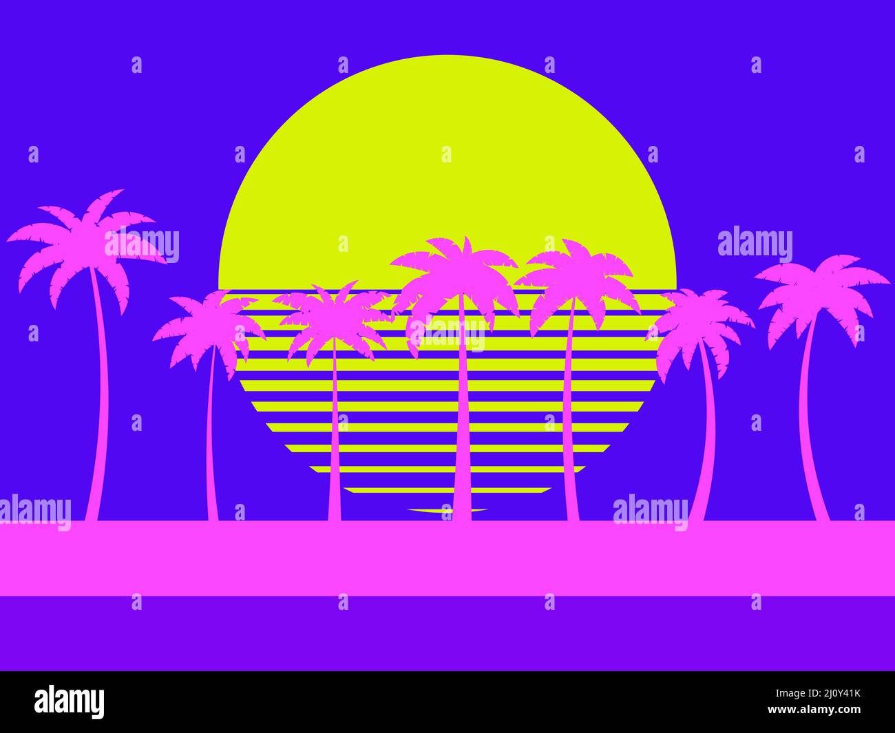 Paesaggio con palme rosa sullo sfondo del sole. Estate, palme tropicali e sole. Design per stampa, striscioni e poster Illustrazione Vettoriale