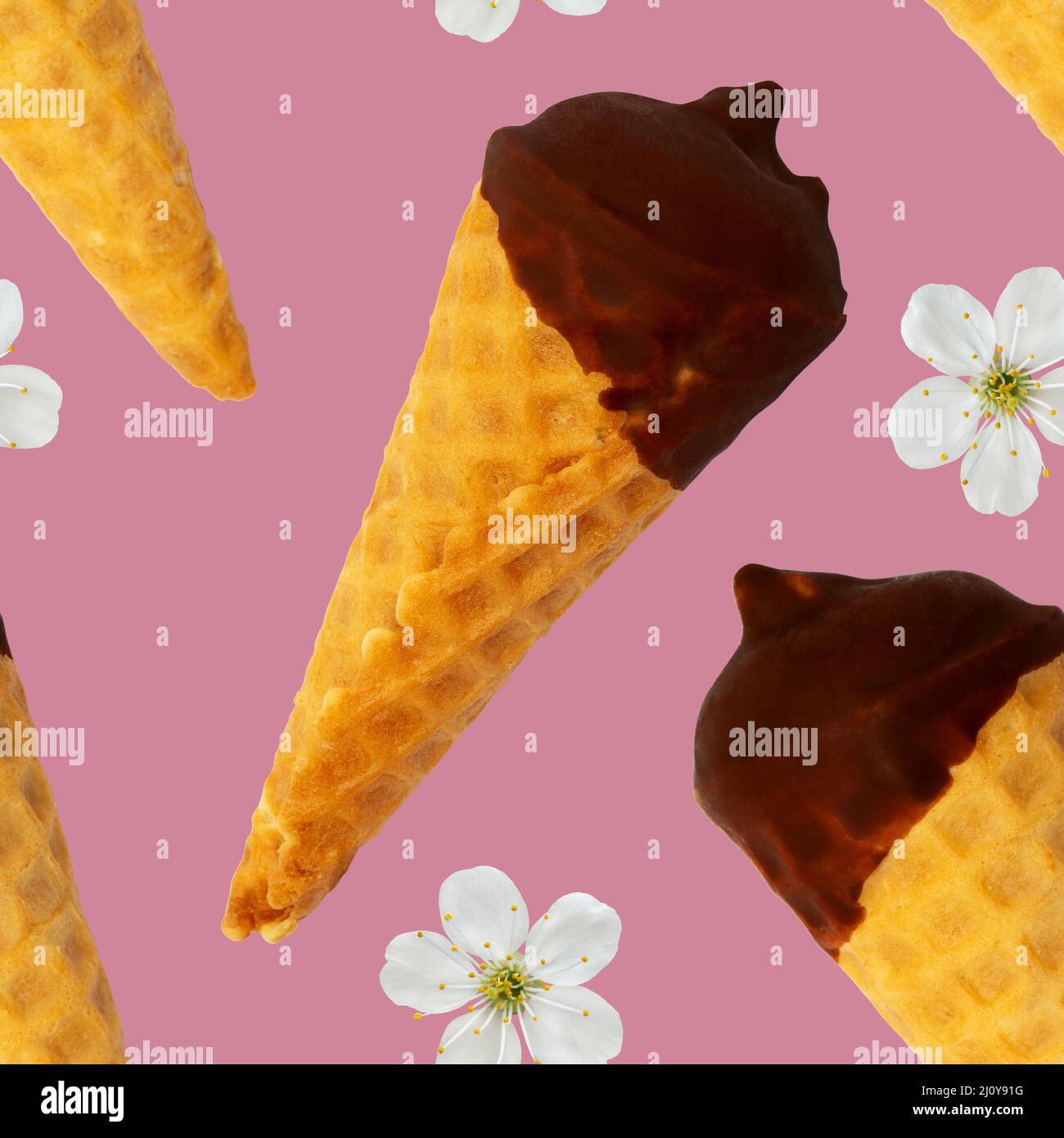 Ripetizione senza giunture. Gelato waffle corno in glassa al cioccolato. Foto Stock