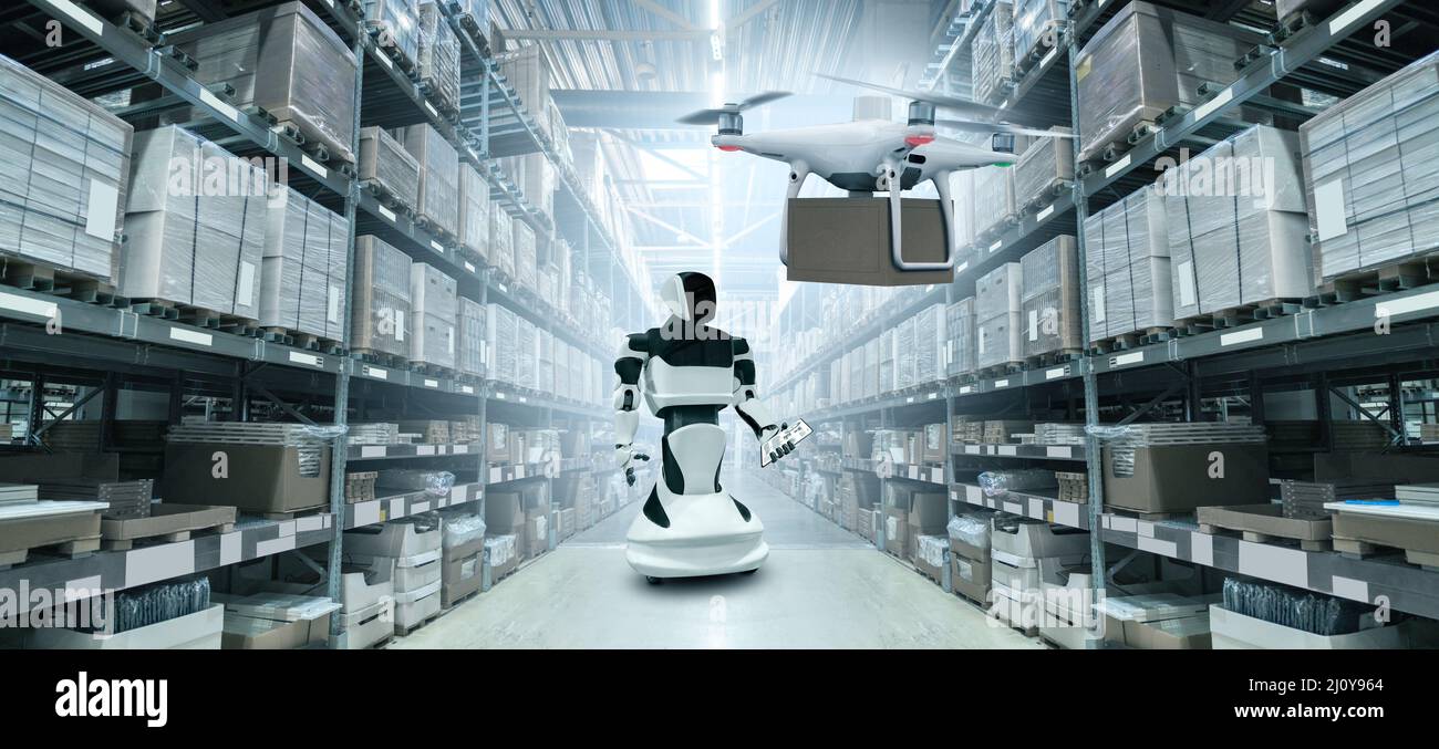 Robot e consegna drone un magazzino automatico Foto Stock