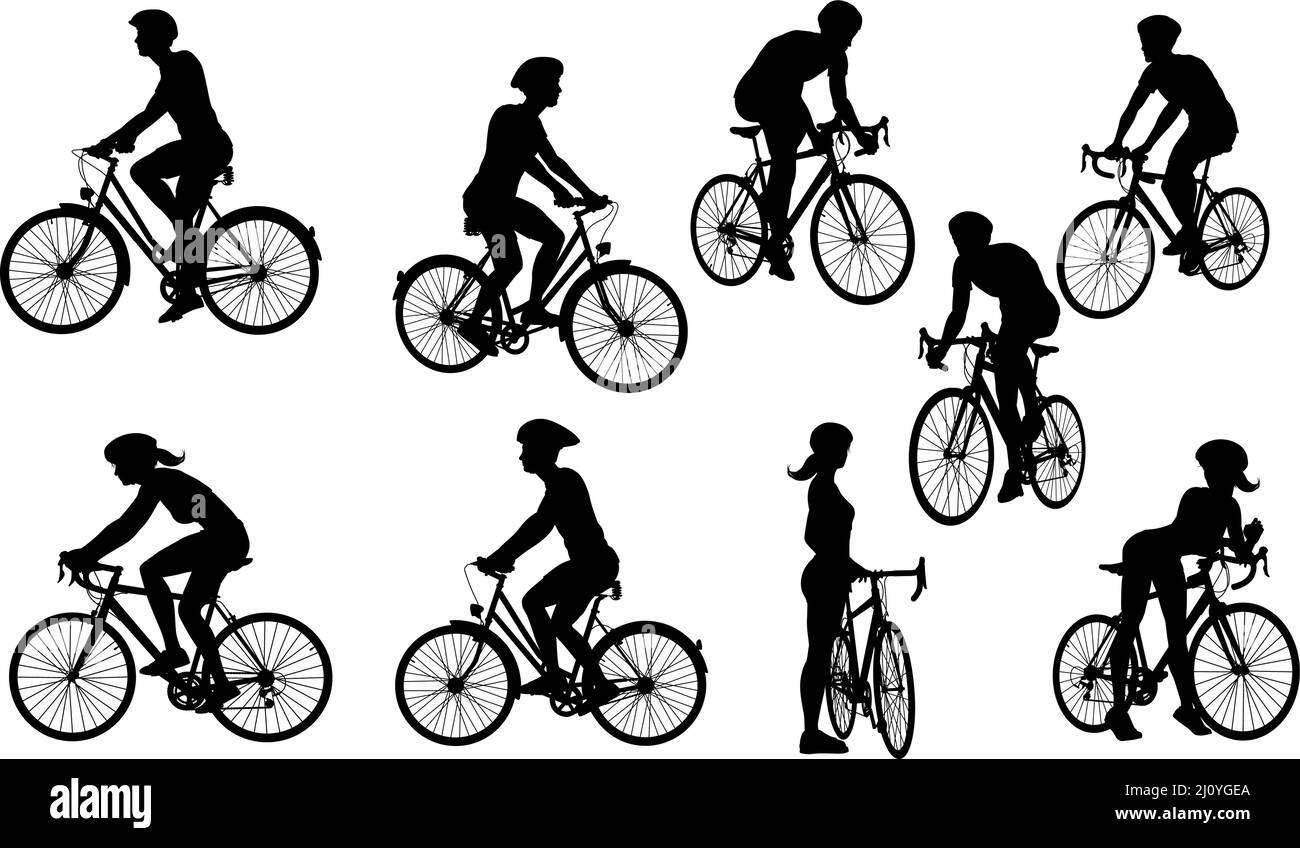 Una serie di ciclisti che cavalcano le biciclette e indossano un casco di sicurezza in silhouette Illustrazione Vettoriale