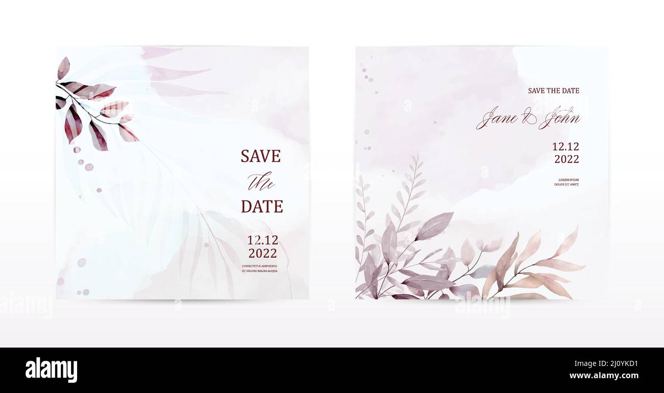 Set di carte quadrate progettate con foglie e macchie di acquerello. Collezione acquerello vettore botanico adatto per matrimonio invito, salvare il da Illustrazione Vettoriale