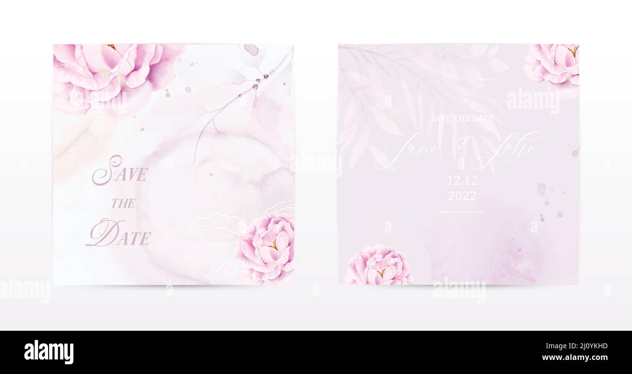 Set di carte quadrate disegnate con acquerello rosa fiori. Collezione acquerello vettore botanico adatto per matrimonio invito, salvare la data, Illustrazione Vettoriale
