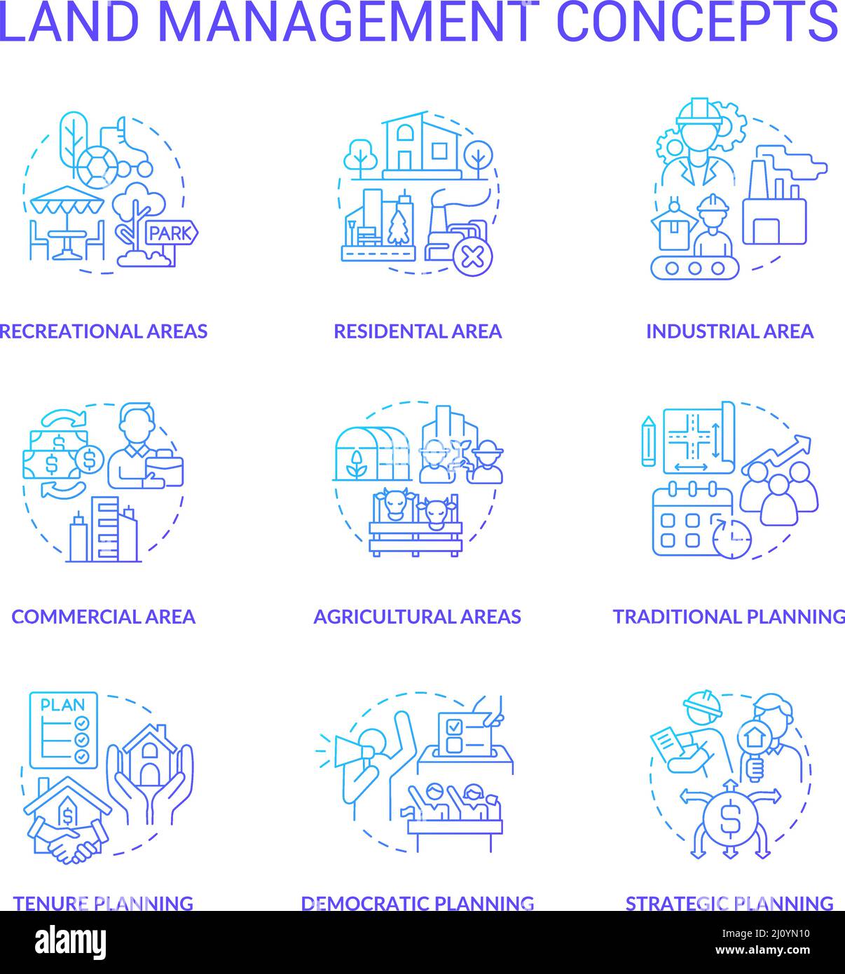 Set di icone del concetto gradiente blu di gestione del territorio Illustrazione Vettoriale