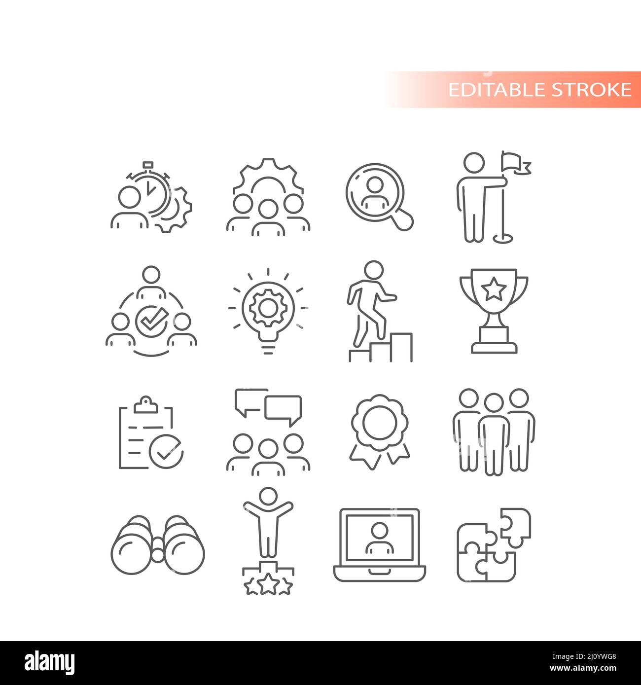 Gruppo di lavoro, serie di icone della linea delle risorse umane. Gestione aziendale, raggiungimento dei dipendenti icone delineate. Illustrazione Vettoriale