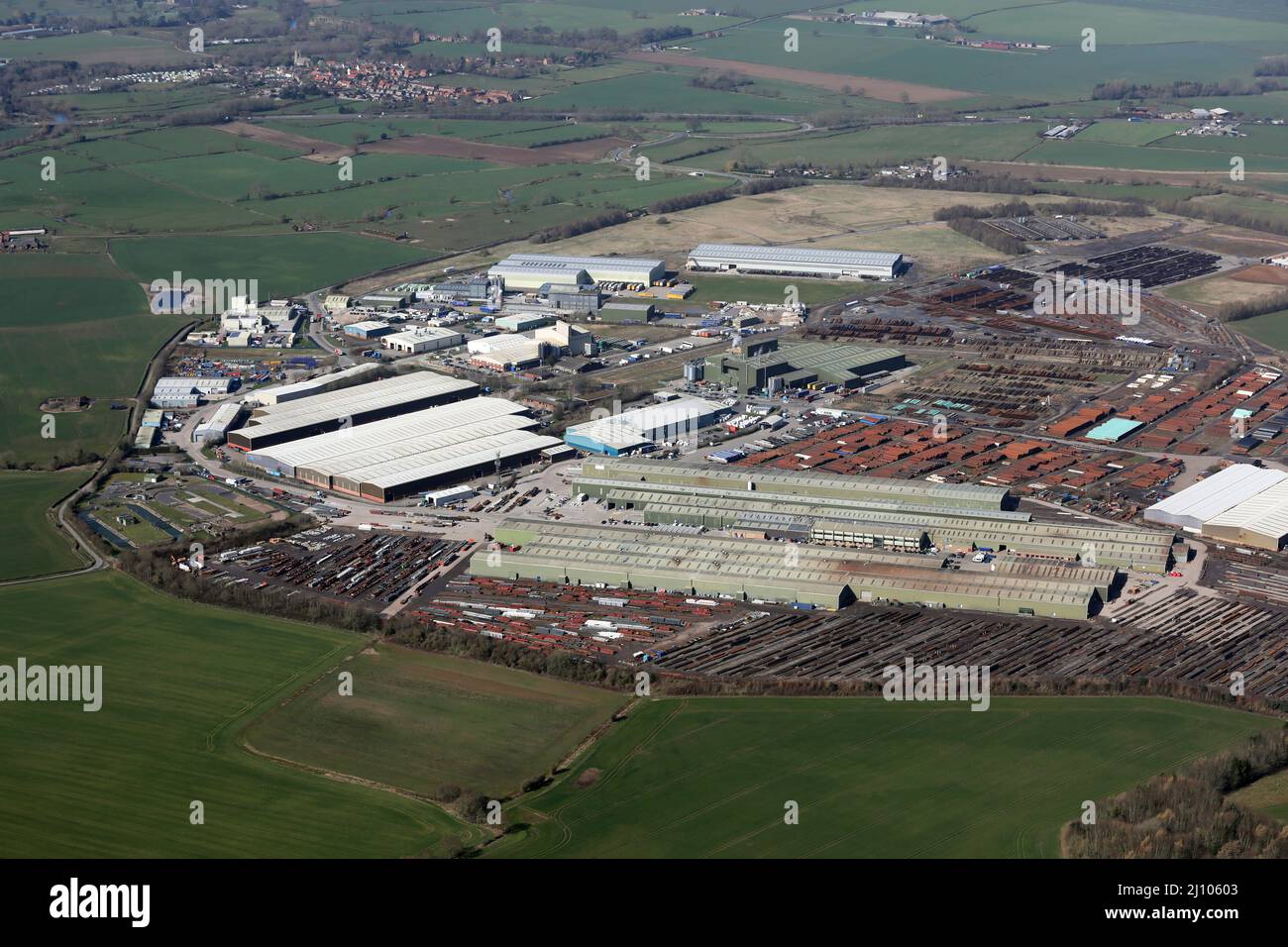 Veduta aerea della Dalton Airfield Industrial Estate, Thirsk (ex Topcliffe aerodrome), North Yorkshire Foto Stock