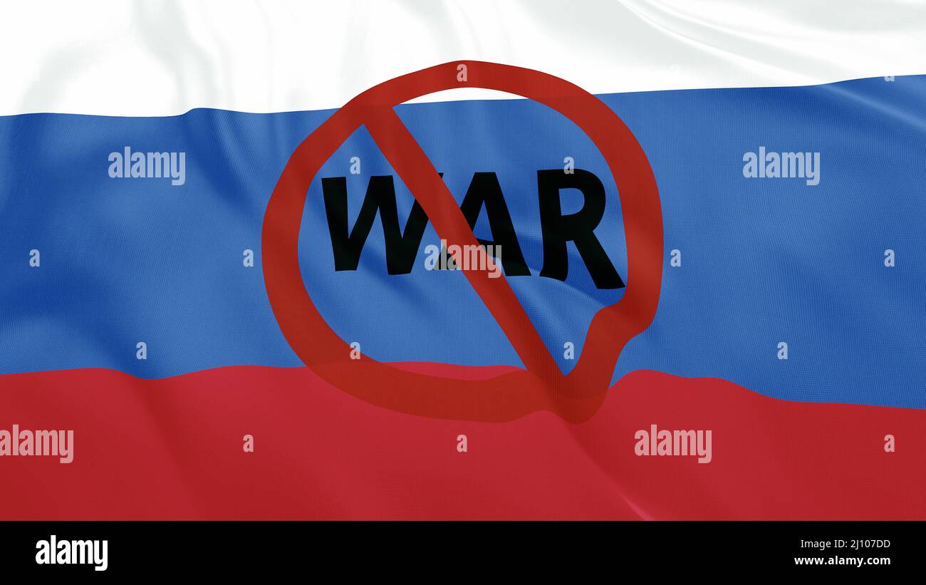 Bandiera russa che sventola 3D animazione con testo e simbolo No War. La bandiera russa. Fermare il concetto di guerra Foto Stock