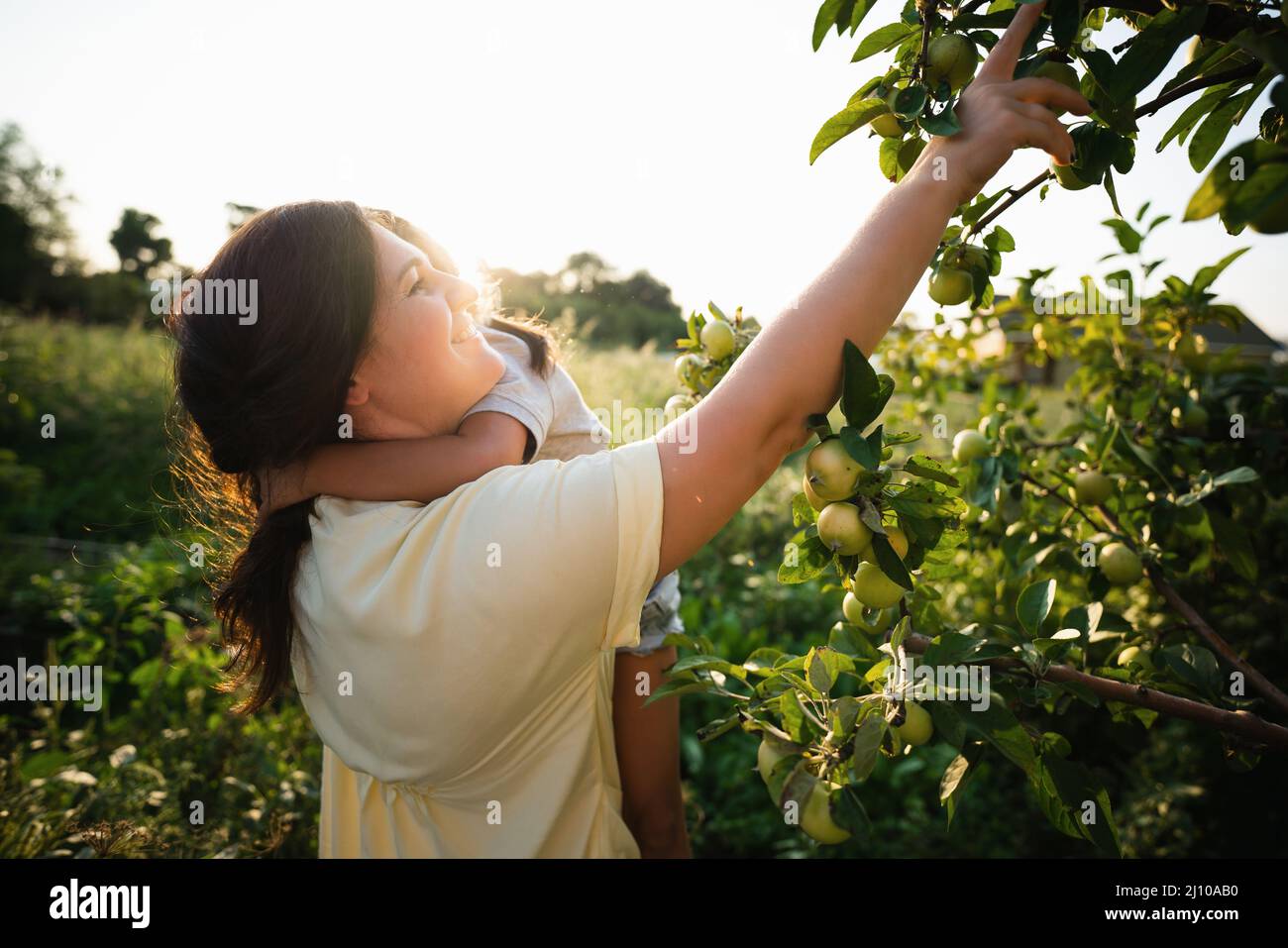 Madre europea e sua figlia asiatica nel giardino delle mele in estate Foto Stock
