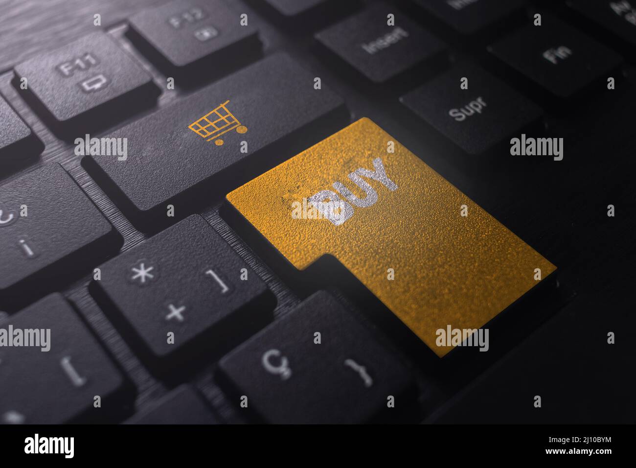 Tastiera con pulsante di acquisto. Internet negozio web acquistare online concetto. Aggiungi al carrello. E-commerce digital business. Foto Stock