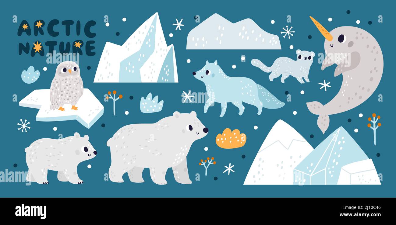 Cute natura artica. Personaggi animali settentrionali. Iceberg e carri di ghiaccio. Orsi bianchi con cucciolo e volpe. Abitanti a clima freddo. Gufo e l'oceano narwhal Illustrazione Vettoriale