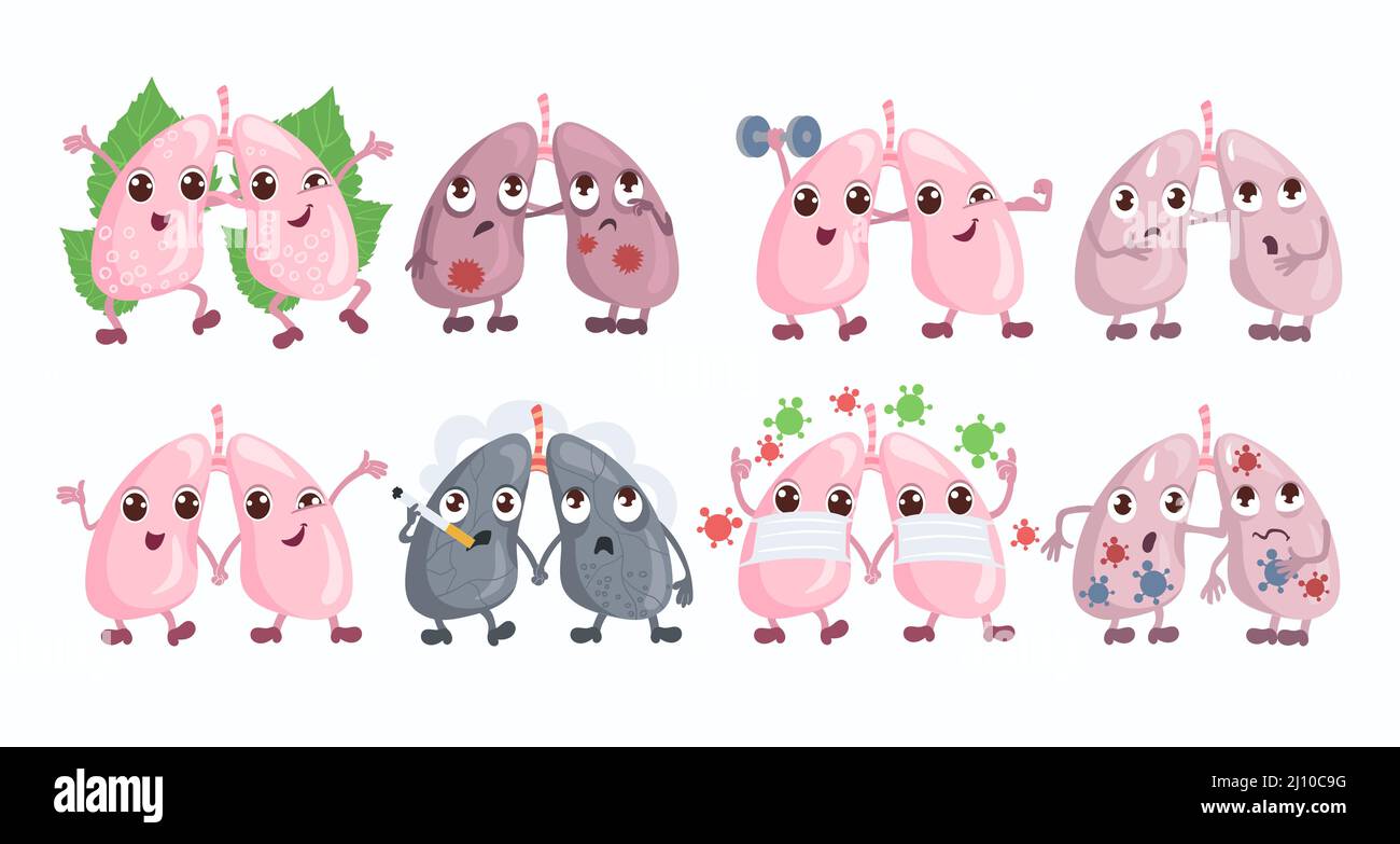 Simpatici personaggi dei polmoni. Organi interni umani sani e danneggiati. Cause e conseguenze malattie respiratorie. Benefici e danni delle azioni. Vettore Illustrazione Vettoriale