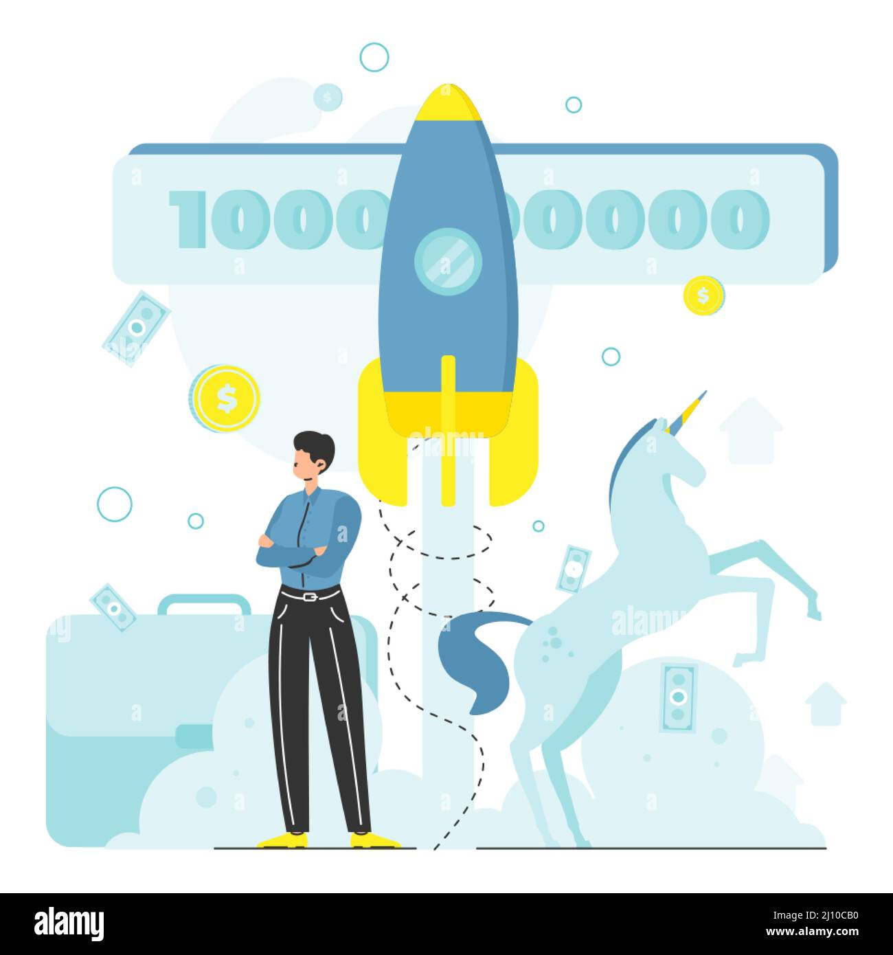 Unicorn Company o unicorn startup, lancio razzo, venture capital industry, illustrazione vettoriale. Illustrazione Vettoriale