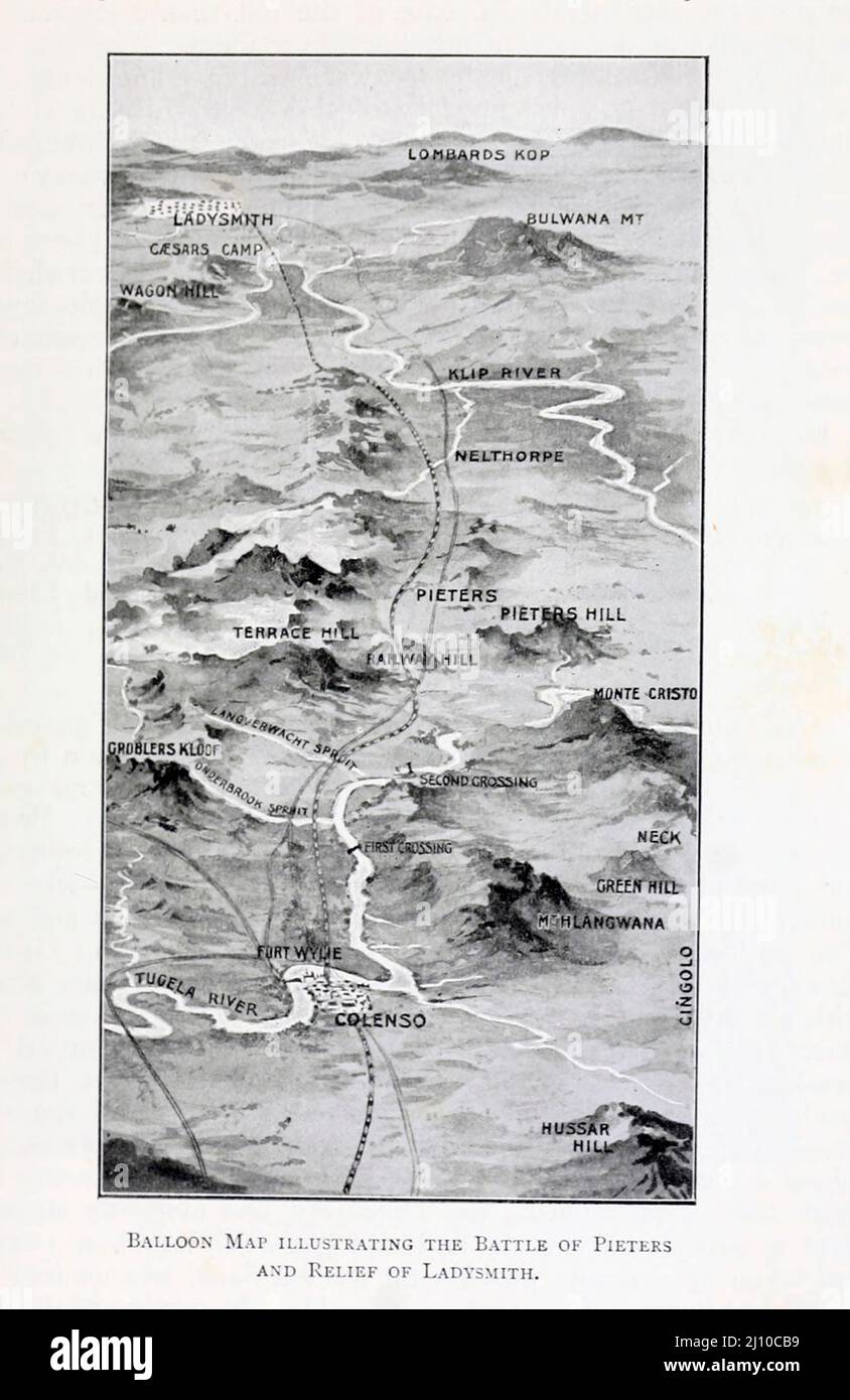 Balloon Map che illustra la battaglia di Pieters e il rilievo di Ladysmith . dal libro ' Sudafrica e la guerra Transvaal ' di Louis Creswicke, Editore; Edimburgo : T. C. & E. C. Jack 1900 Foto Stock