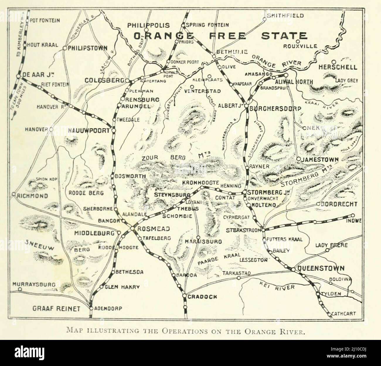 Mappa che illustra le operazioni sul fiume Orange, Orange Free state dal libro " Sudafrica e la guerra Transvaal " di Louis Creswicke, Editore; Edimburgo : T. C. & E. C. Jack 1900 Foto Stock