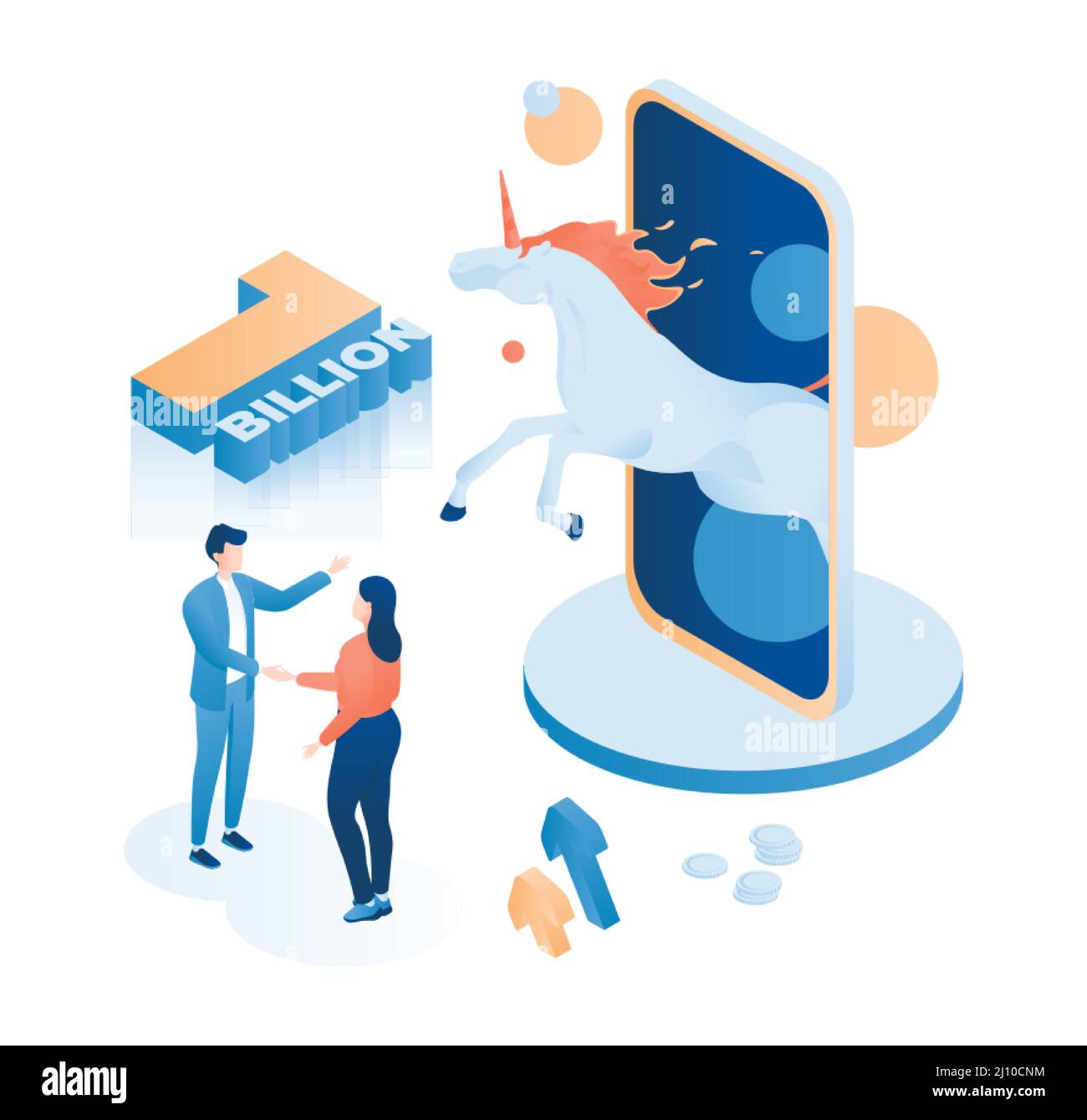 Unicorn Company o unicorn startup, impresa di successo, angelo investitore, partner, vettore isometrico illustrazione. Illustrazione Vettoriale