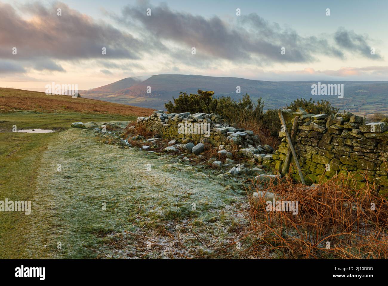 Muro di pietra sminuzzante nelle Montagne del Galles del Sud. Foto Stock