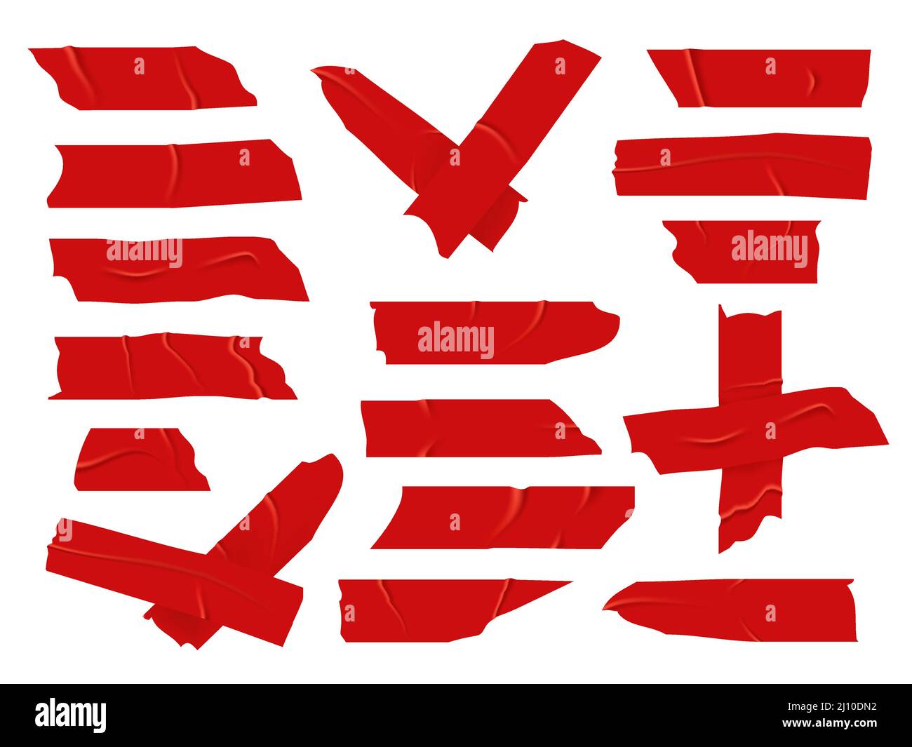 Nastro per condotti rosso. Pezzi adesivi luminosi e realistici per l'imballaggio. Nastri di plastica di riparazione strappati con bordi irregolari e piegati. Fissatore flessibile. Bendaggio rugato Illustrazione Vettoriale