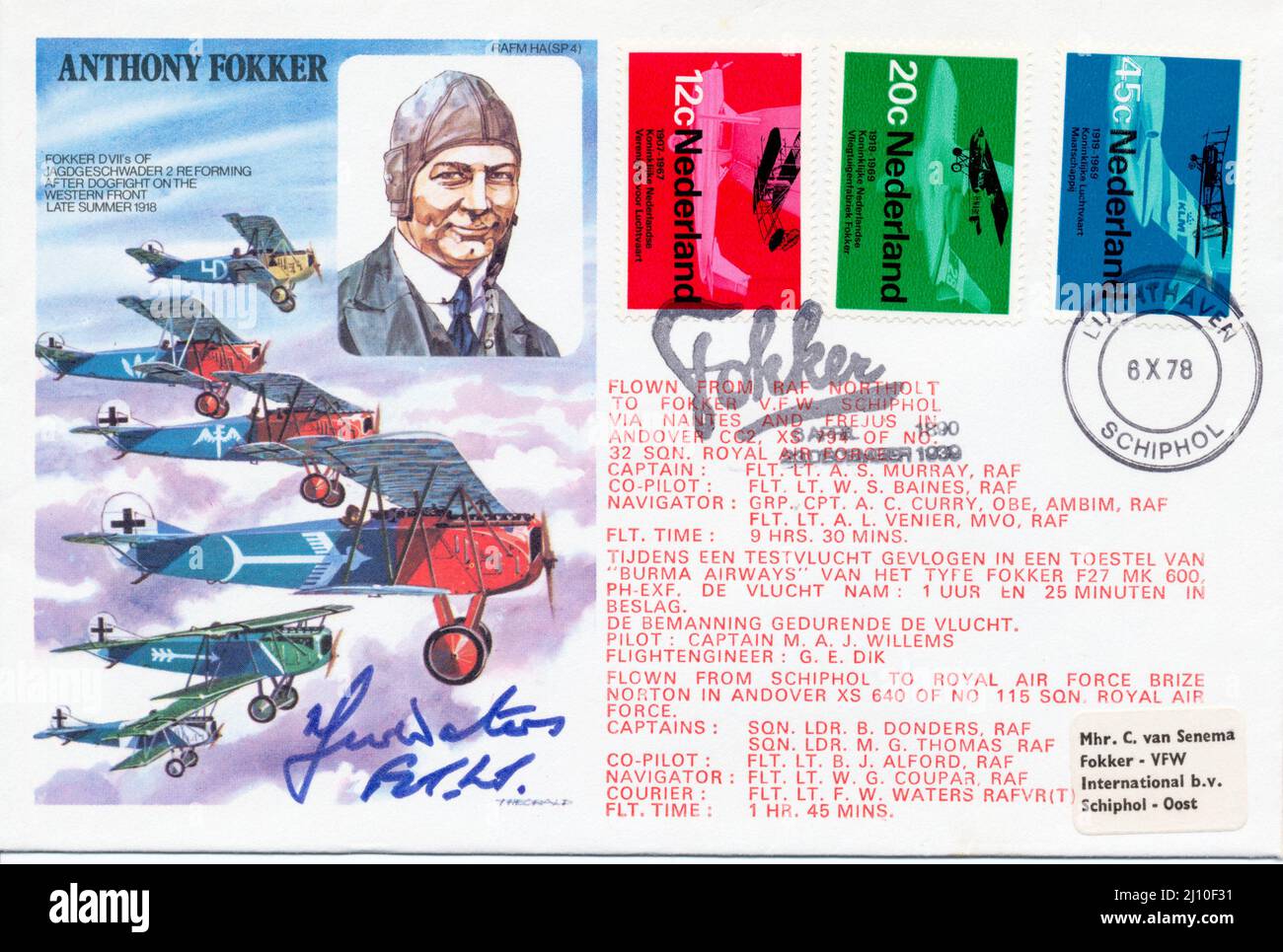 RAF volò la copertina tematica francobollo postale, RAFM ha SP4, con Anthony Fokker, firmato da uno dei piloti. Foto Stock