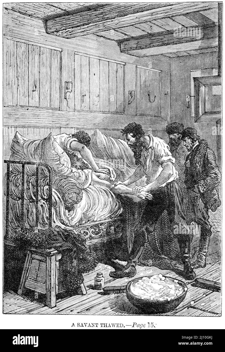 A savant scongelata dal libro ' The fur country ' or AKA ' Settanta degrees North Latitude ' di Jules Verne, 1828-1905 Data di pubblicazione 1877 Editore Londra : Sampson Low, Marston, Searle, & Rivington. Riassunto della trama nel 1859 il Lt. Jasper Hobson e altri membri della Hudson's Bay Company viaggiano attraverso i territori del nord-ovest del Canada fino a Capo Bathurst sull'Oceano Artico per creare un forte a 70 gradi, a nord del Circolo Artico. La zona in cui si trova è molto ricca di fauna selvatica e risorse naturali. Jasper Hobson e il suo partito istituiscono qui un forte. Ad un certo punto, un terremoti Foto Stock