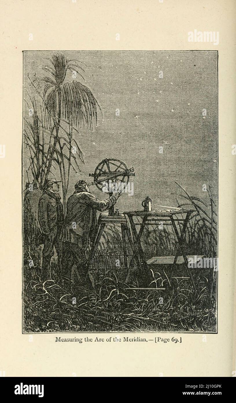 Illustrato da Jules Ferat dal libro Meridiana: The Adventures of Three Englishmen and Three Russian in South Africa di Jules Verne, 1828-1905 tre scienziati russi e tre inglesi partiranno in Sud Africa per misurare il meridiano orientale 24th. Mentre la loro missione sta procedendo, la guerra di Crimea si rompe e i membri della spedizione si ritrovano cittadini di paesi nemici. Questo romanzo può essere trovato sotto titoli alternativi come Adventures in the Land of the Behemoth, Measuring a Meridian, e Meridiana o Adventures in Sudafrica. Data di pubblicazione 1874 Editore New York : Scribn Foto Stock