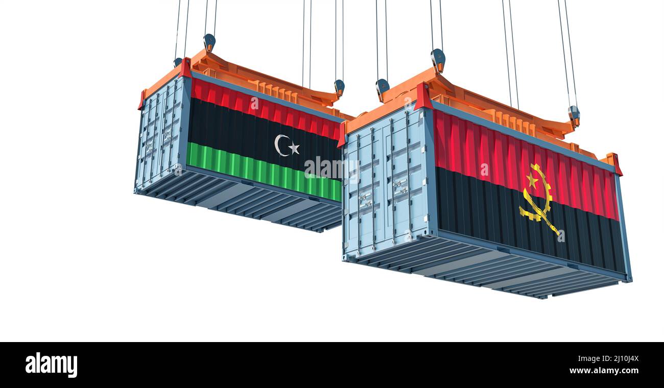 Container cargo con bandiere nazionali libiche e angolane. 3D rendering Foto Stock