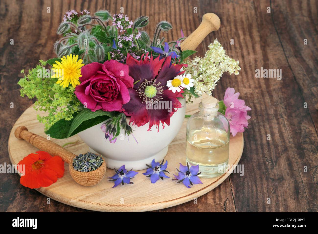 Preparazione di olio essenziale per il trattamento alternativo della medicina della pianta di erbe con erbe e fiori in un mortaio e sciolto con olio di aromaterapia. Foto Stock