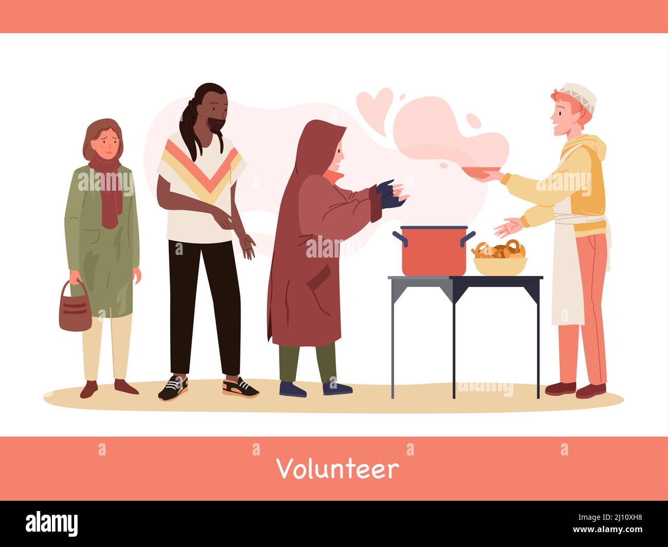 Aiuto e donazione di cibo per i senzatetto poveri, volontari danno zuppa ai mendicanti Illustrazione Vettoriale