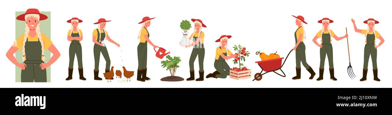 Carino femmina agricoltore che lavora in fattoria giardino set, donna che alimenta pollo, annaffiatura pianta Illustrazione Vettoriale