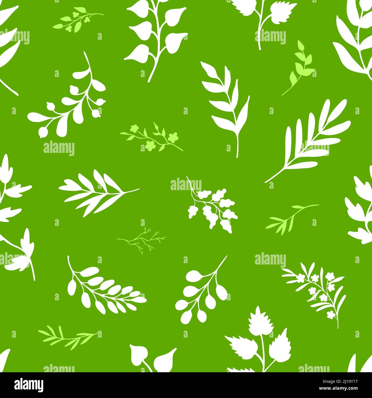 Foglie bianche e verdi, ramoscelli su sfondo verde. Modello di erbe senza fine. Design eco-sketch semplice e piacevole per stampe su carta e tessuto Foto Stock