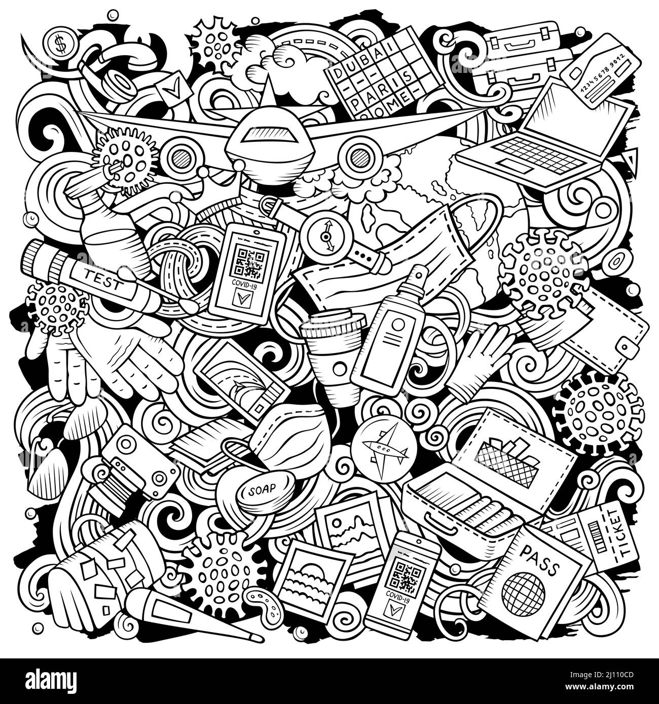 Illustrazione dei doodles vettoriali di viaggio del cartone animato. Illustrazione Vettoriale