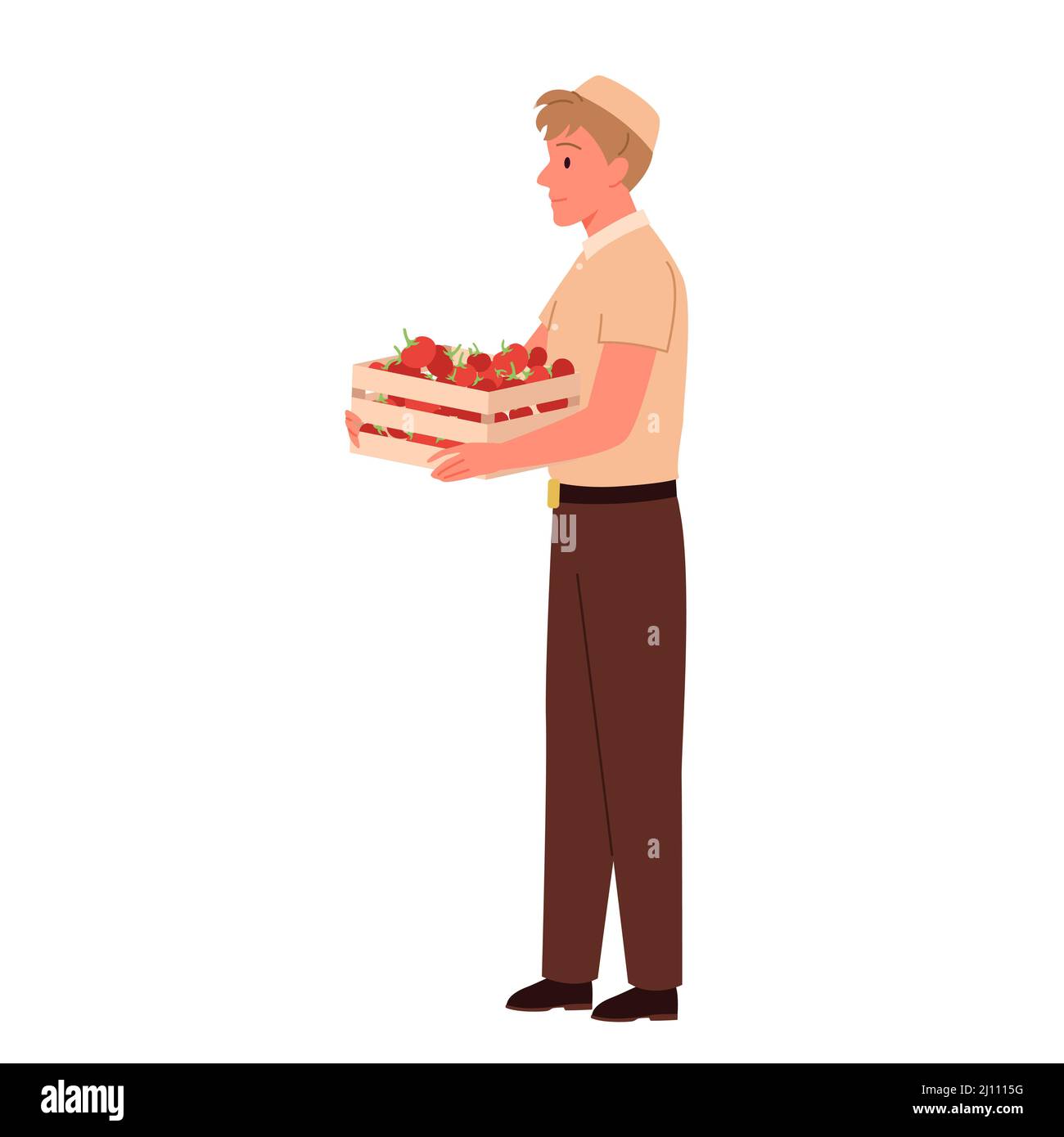 Venditore che tiene scatola di legno con verdure, supermercato o vendita di lavoratore di drogheria Illustrazione Vettoriale