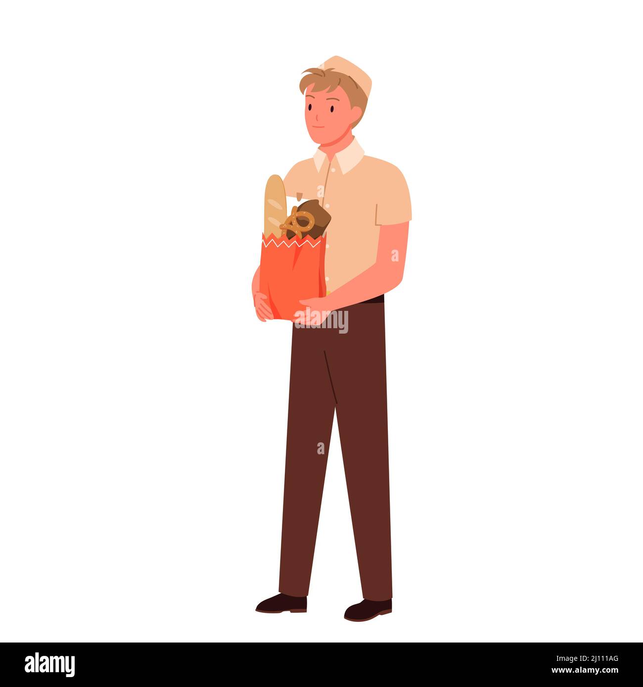 Il personale del supermercato o della casa di panetteria al lavoro, il lavoratore del negozio di alimentari che vende pane fresco Illustrazione Vettoriale