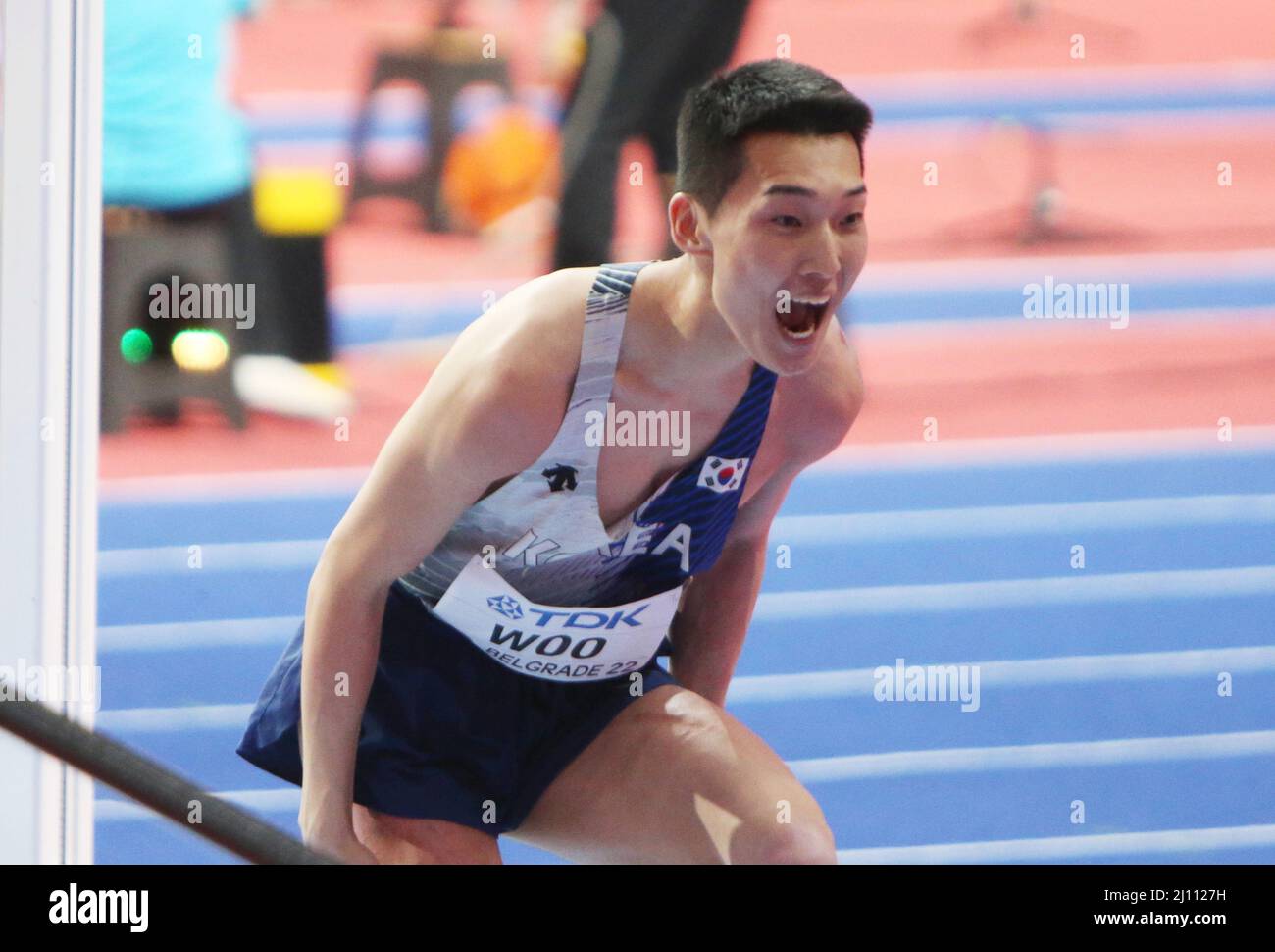 Sanghyeok WOO of Korea, High Jump Men durante i Campionati mondiali di atletica indoor 2022 il 20 marzo 2022 presso la Stark Arena di Belgrado, Serbia - Foto: Laurent Lairys/DPPI/LiveMedia Foto Stock