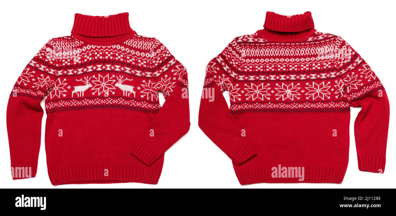 Jumper per dolcevita natalizio per bambini (pullover Ugly) con motivo rosa norvegese (Selburose) ornamento anteriore e posteriore su sfondo bianco Foto Stock