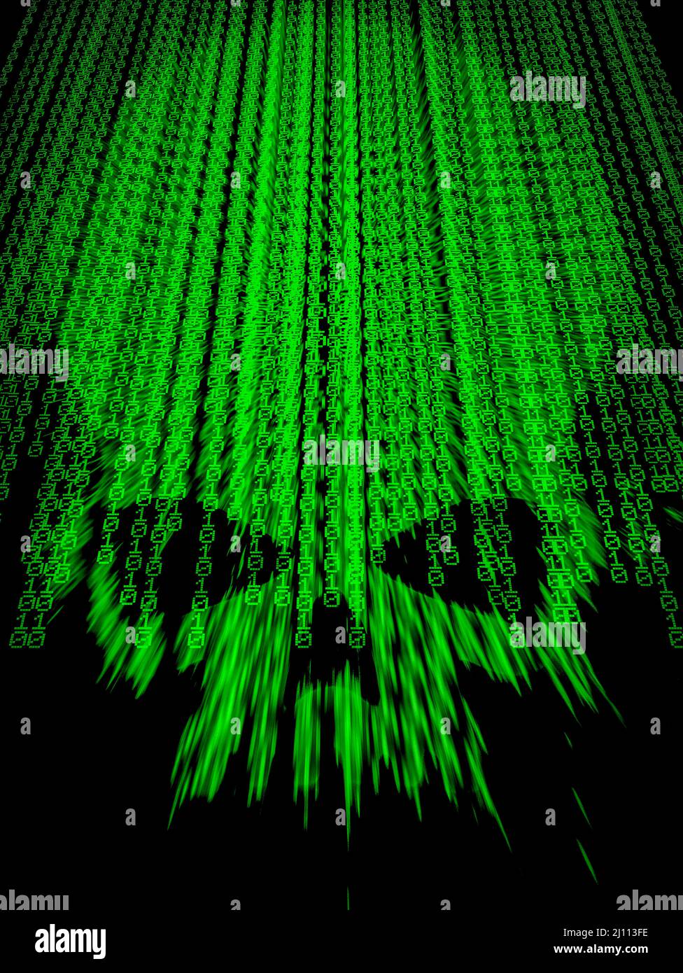 Illustrazione di un pirata cranio pirata di codice dannoso su un codice di macchina binario sfondo verde brillante pieno di zeri e di quelli che cadono sullo schermo Foto Stock
