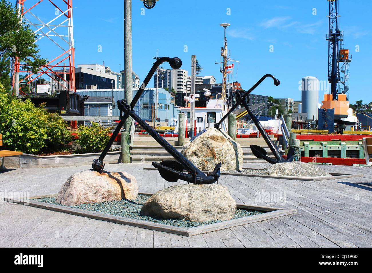 Due ancore in mostra, Harborside Park, St. John's, NL. Foto Stock