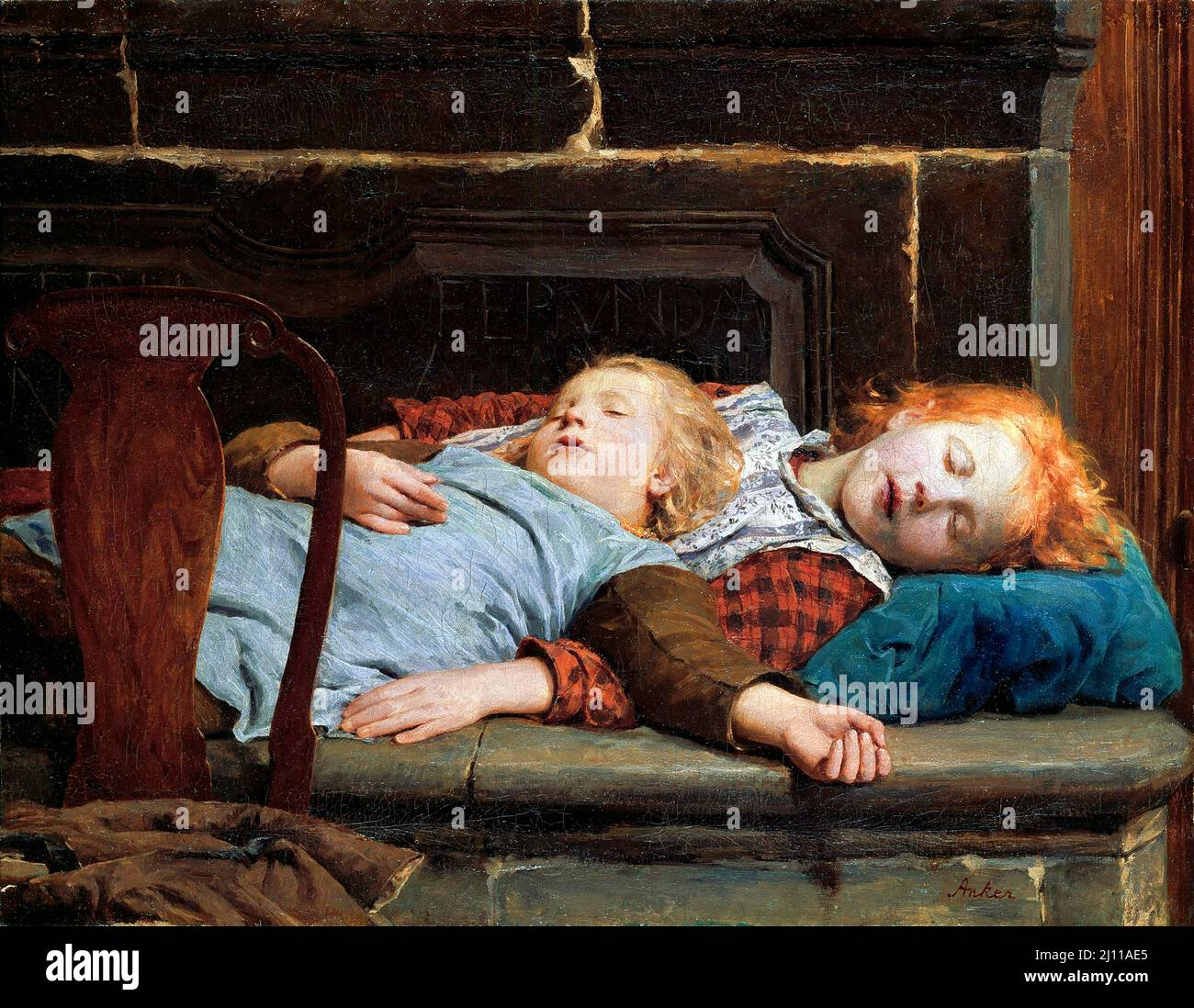 Due ragazze sulla panchina da stufa del pittore svizzero Albert Anker (1831-1910), olio su tela, 1895 Foto Stock