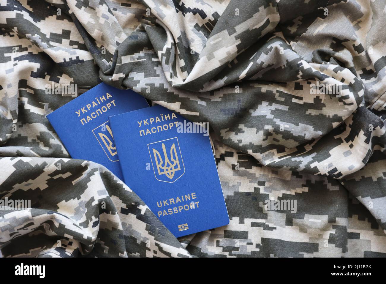 Passaporto straniero ucraino su tessuto con tessuto di camouflage pixed militare. Panno con motivo camo in pixel grigio, marrone e verde e Regno Unito Foto Stock