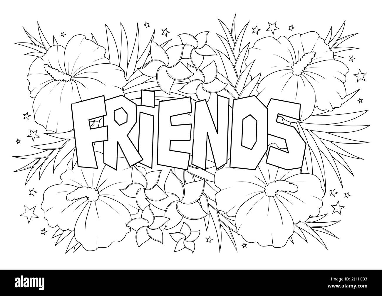 Amici parola con fiori tropicali modello antistress colorazione pagina per adulti in stile di schizzo doodle, floreale colorazione foglio isolato vettore Illustrat Illustrazione Vettoriale