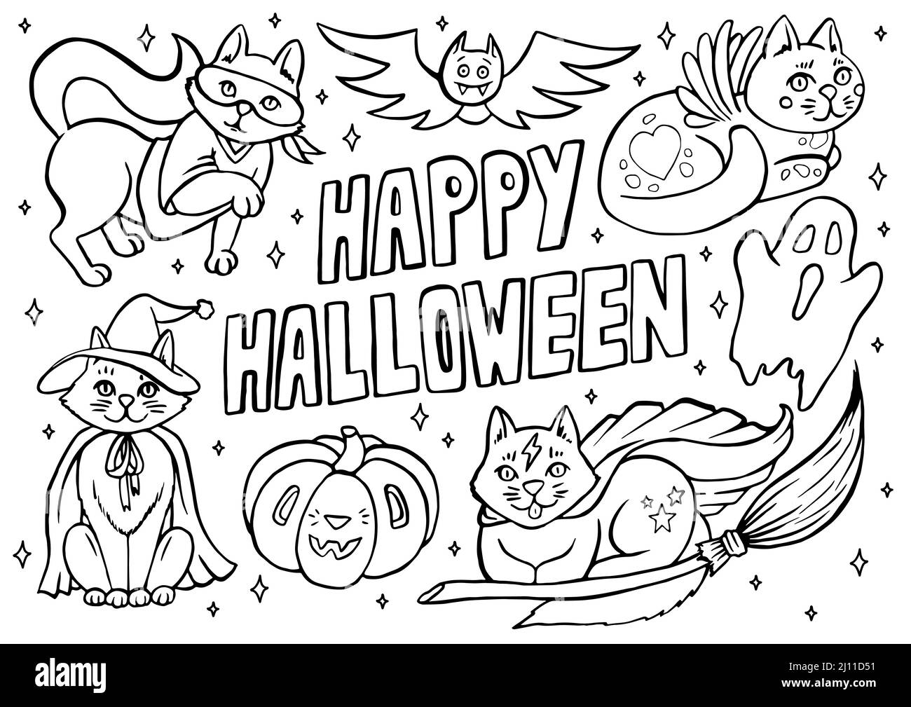 Happy Halloween pagina da colorare con gatti in costumi e oggetti spoky, a mano cute Halloween da colorare foglio Illustrazione Vettoriale