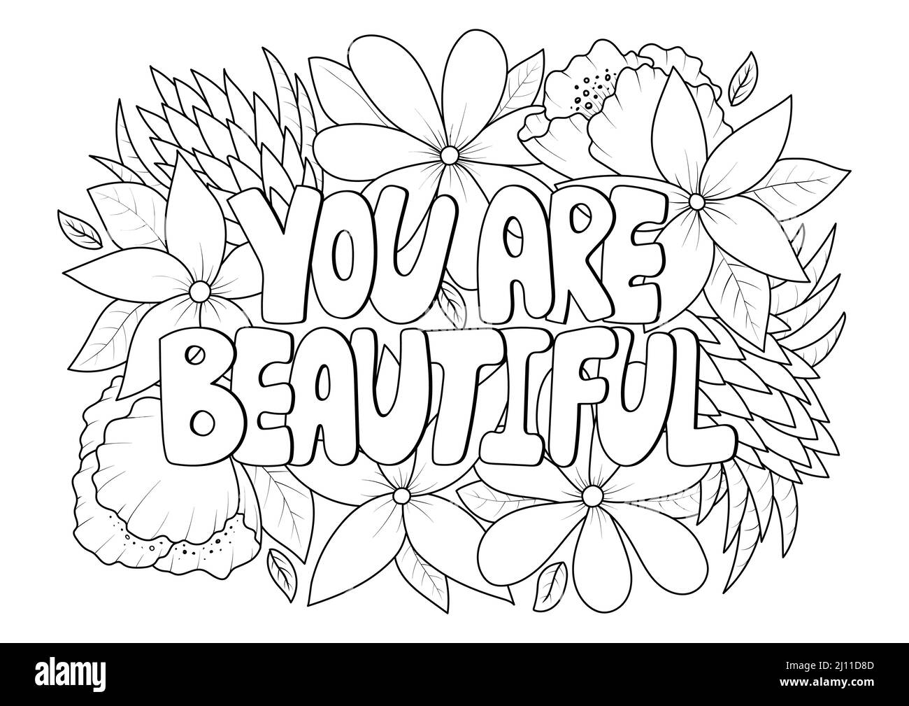 Siete bella frase in fiori pagina di colorazione antistress per adulto in stile di schizzo di doodle, foglio di colorazione floreale isolato illustrazione vettoriale Illustrazione Vettoriale