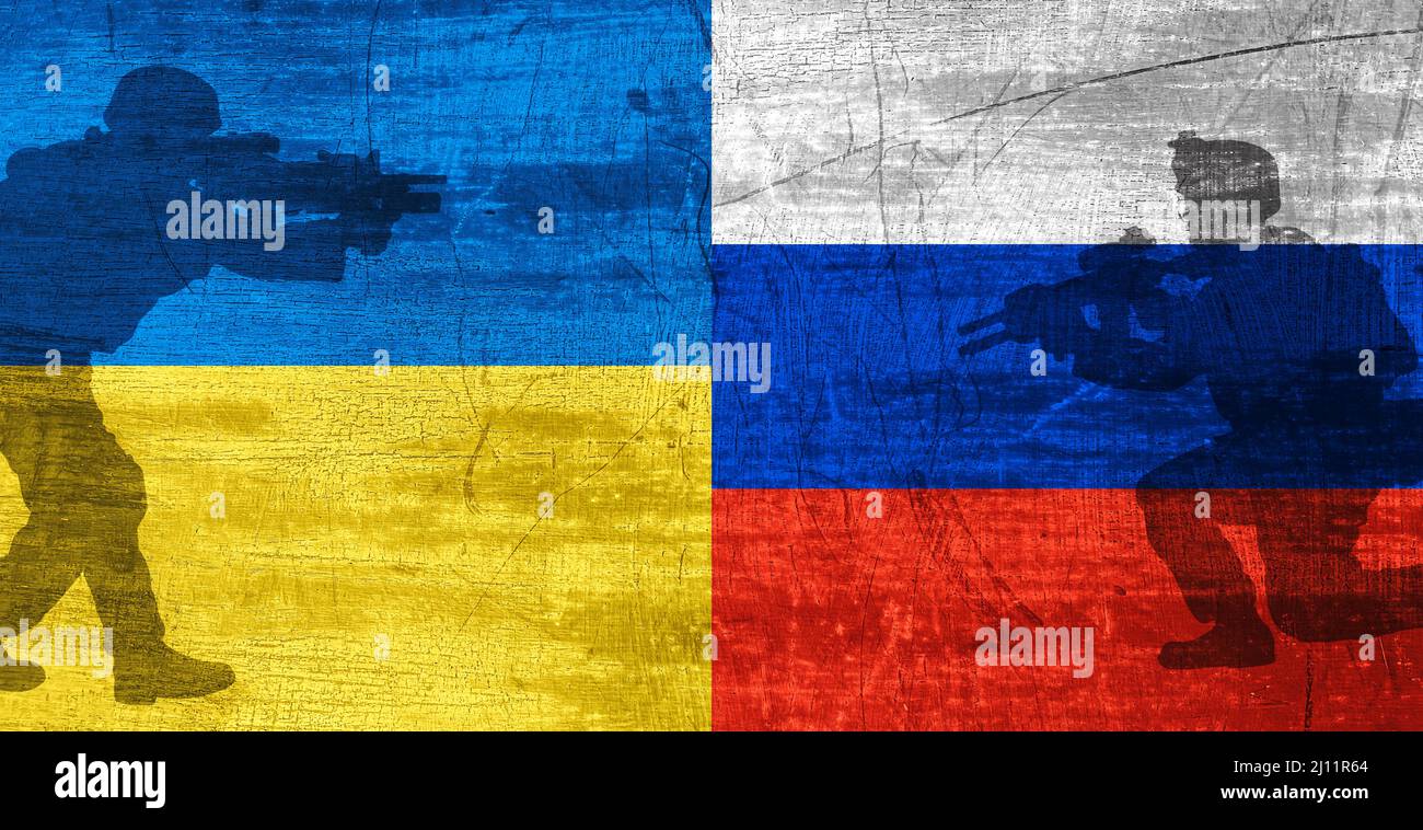 Guerra tra Russia e Ucraina, Ucraina e Russia bandiera e soldati - foto di scorta Foto Stock