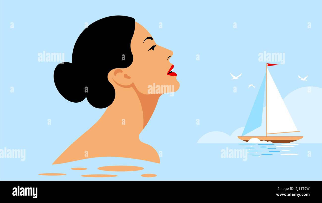 Primo piano bella donna faccia sullo sfondo del mare, barca a vela, uccelli bianchi. Concetto di nuoto, mare ricreazione, costa, abbronzatura, vacanza Illustrazione Vettoriale